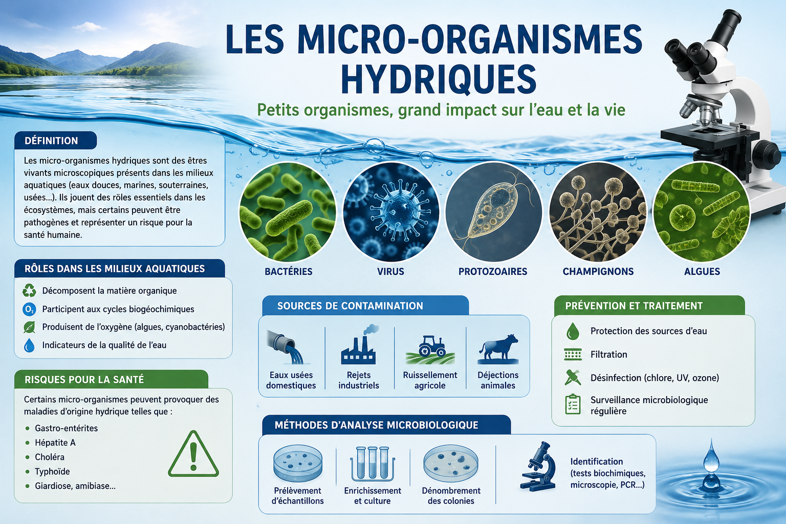 Cette image représente une affiche pédagogique intitulée « Les micro-organismes hydriques ». Elle illustre les différents mic